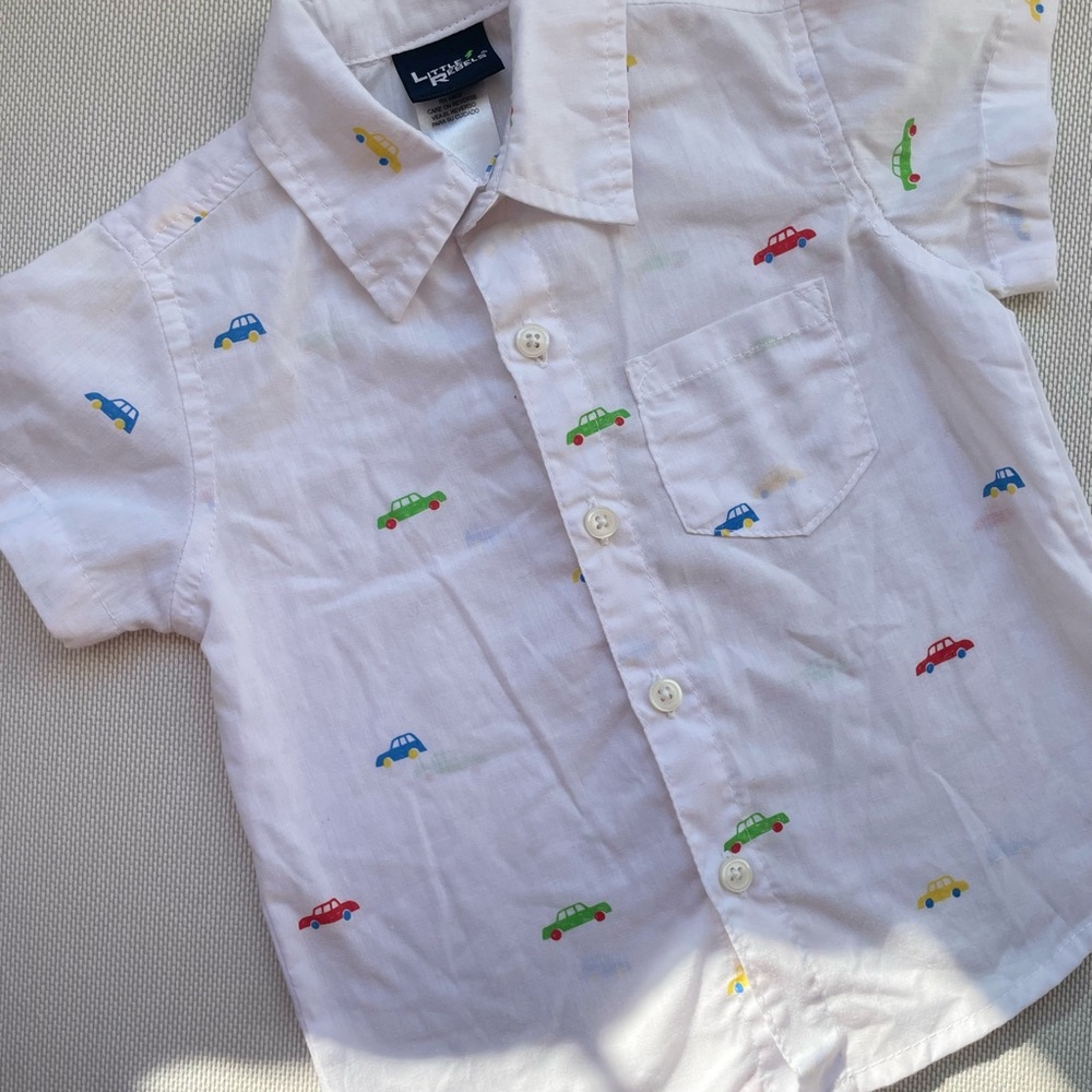Kids' White Button-Down Shirt with Colorful Car Print